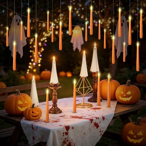 kakoya Flameless Floating Candles with Wand，20 Pcs Magic LED Hanging Taper Candles，Flickering Battery Operated Taper Candle with Wand Remote for Halloween Decorations Best Gift(Orange) - Image 4
