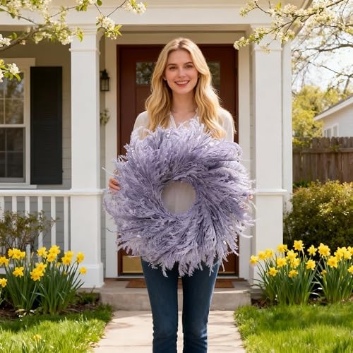 HipTree 28 Inch Farmhouse Purple Flocked Cypress Spring Wreath Outdoor - Image 4