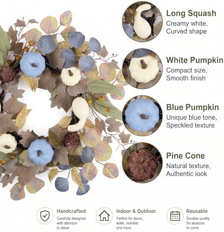 DecorbyHannah 18'' Fall Wreath for Front Door with Lights &Pumpkin Pinecone - Image 5