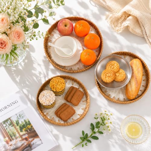 Round Rattan Serving Trays, Set of 3, White Leaf - Image 3