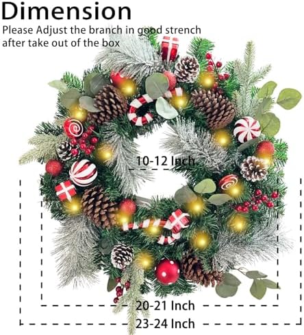 WANNA-CUL Pre-Lit 24 Inch Red White Christmas Wreath for Front Door - Image 5