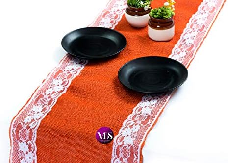 VDS Pack of 15, Burlap Table Runner with White Lace Edge, 100% Natural Jute Rustic Hessian Table Cloth Centerpiece for Wedding Birthday Party Banquet Table Decoration (Size 12X108 Inch)(Orange) by VDS