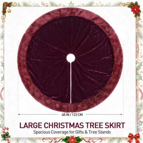 Skylety 48" Velvet Christmas Tree Skirt with Faux Fur Trim,Burgundy Red - Image 2