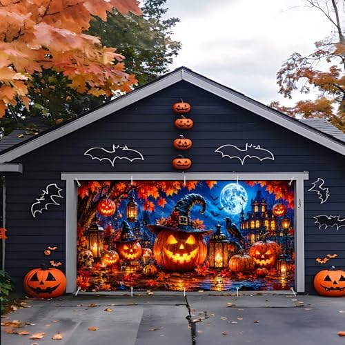 Halloween Garage Door Banner Background Cover 7x16 FT Large Spooky Pumpkin Witch Hat Haunted House Backdrop Hanging Decor for Double Car Garage Door Outside Yard Party Holiday Decorations - Image 5