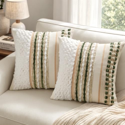 ANRODUO Boho Decorative Throw Pillow Covers Plush Green 18x18 Pack of 2 - Image 3