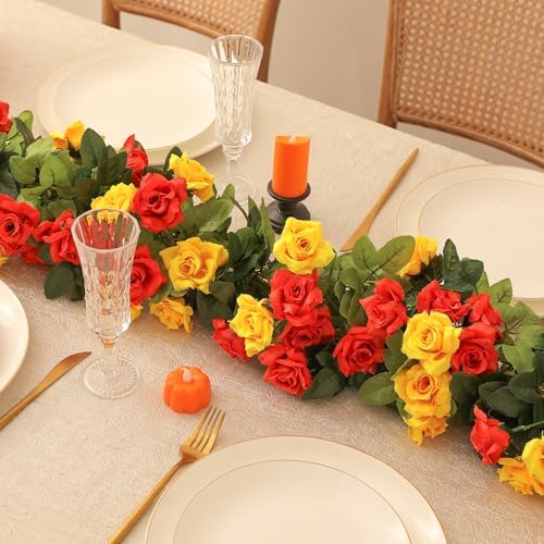 Floweroyal 4 Pack Artificial Flower Garlands 15.8FT Fake Rose Vines Silk Flowers Hanging Rose Ivy for Wedding Arch Party Home Garden Wall Decor (Orange Yellow) - Image 5