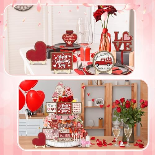 Moucuny 24 Pcs Vintage Farmhouse Valentine's Day Tiered Tray Decor Set Heart Wooden Valentine Table Centerpieces Love Heart XOXO Wooden Signs for Home Decor - Image 6