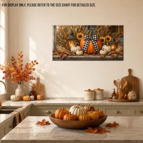 WAXWHELK Pumpkin Fall Canvas Wall Art, Lanterns Sunflowers and Gingham Bow Rustic Farmhouse Painting Pictures, Pumpkin Autumn Thanksgiving Artwork Decor for Bedroom Living Room (16"x32") - Image 3