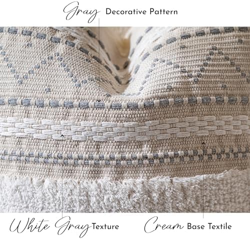 BlissBlush 14x36 Lumbar Pillow Cover for Bed, Rectangular Long Decorative Throw Pillowcase, Boho Accent Cushion with Gray Tufted Pattern and Tassels, Cream Neutral (Cover Only) - Image 6