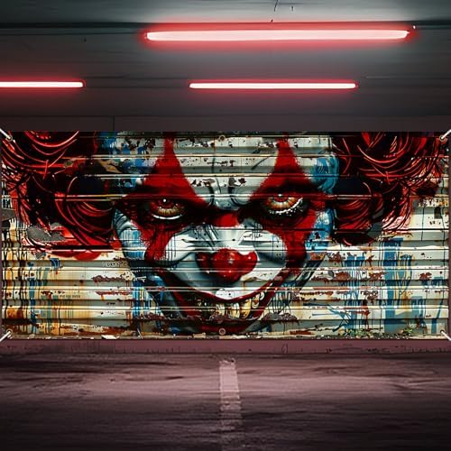 Halloween Garage Door Decorations Scary Clown Garage Door Banner Cover 6x13 Ft Rusty Horror Spooky Joker Extra Large Halloween Party Backdrop Decor Outdoor Holiday Background Sign Supplies - Image 2