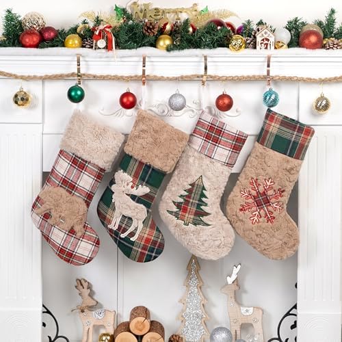 LUBOT New 4 Pack Christmas Stocking 20" Red Green Plush Plaid Mix and Match Classic Rustic Farmhouse Country Cotton Fireplace Hanging Xmas Stockings Decorations for Family Holiday Season Decor - Image 4