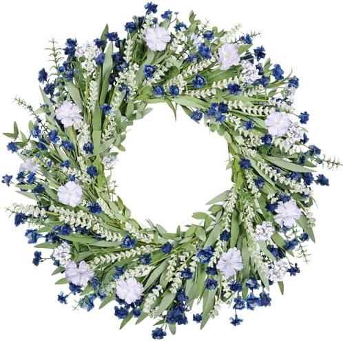 26" Floral Wreath, Artificial Spring Wreaths for Front Door, with Wildflower Portulaca Flowers, Indoor Outdoor Porch Window Wall Home Decor for Valentine’s Day Easter, Summer & Wedding Blue by Zmtyykh