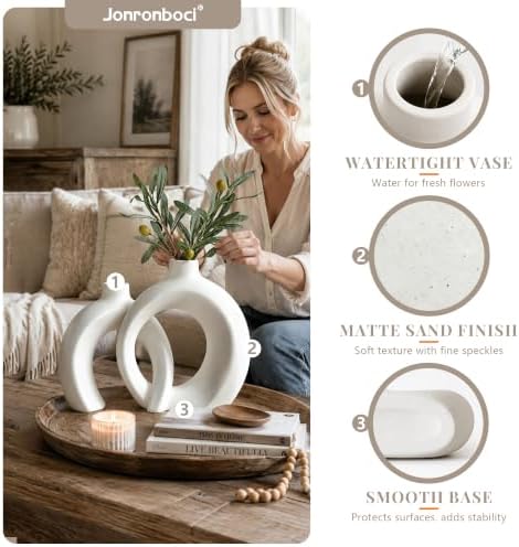 Donut Ceramic Vase Set of 2 for Flower or Home Decor (Matte Cream White) - Image 5