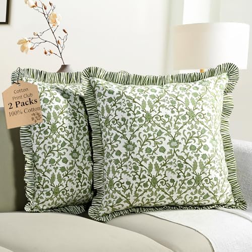 CPC Meadow Vine Hand Block Print 100% Cotton Ruffle Throw Pillow Cover 20x20 inch with Hidden Zipper Decorative for Couch, Bed, Sofa, Farmhouse, Cottagecore Decor Gift Christmas Fall Thanksgiving by COTTONPRINTCLUB