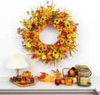 JINGHONG Fall Wreaths for Front Door 22 Inch Artificial Fall Wreath Floral Autumn Wreath with Colorful Daisies Orange Foliage for Indoor Outside Door Harvest Festival Thanksgiving Day Celebration - Image 3