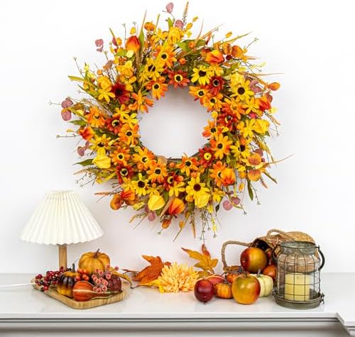 JINGHONG Fall Wreaths for Front Door 22 Inch Artificial Fall Wreath Floral Autumn Wreath with Colorful Daisies Orange Foliage for Indoor Outside Door Harvest Festival Thanksgiving Day Celebration - Image 3