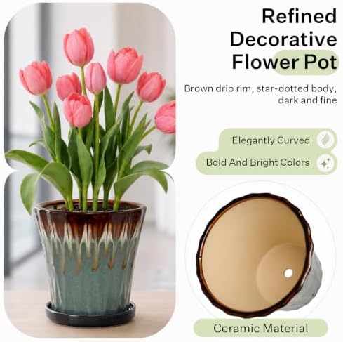 10 Inch Ceramic Planters with Drainage Hole and Saucer,Indoor Outdoor Large Flower Pots, Garden Pot for Plant Lovers (Drip Blue) - Image 3