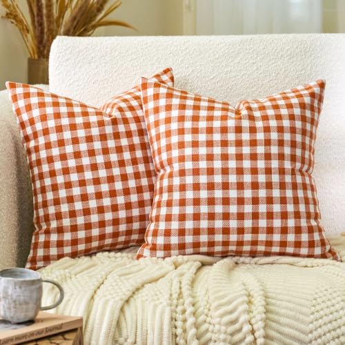 Fall Orange Plaid Gingham Euro Pillow Sham Covers 26x26 Set of 2 for Couch by CARRIE+HOME