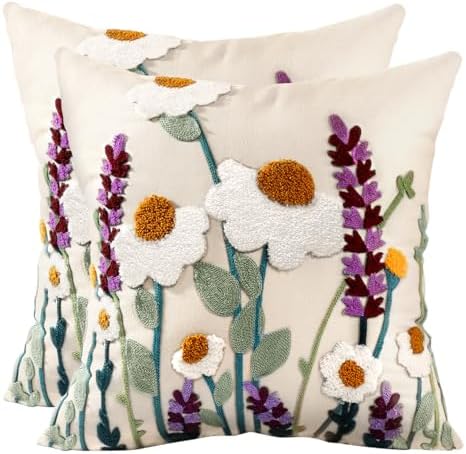 Embroidered Throw Pillow Covers 18x18 Inch - Set of 2 Summer Decorative Pillow Covers with Zipper Aesthetic Cute Design Throw Pillowcases for Couch Sofa Bed, Wild Floral by Kokaaee