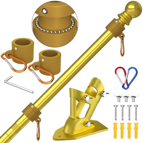 ZMTECH Flag Pole - Upgraded Bracket, 6 FT Stainless Steel Flag Poles for Outside House, Residential or Commerical, Tangle Free Flag Pole Kit for American Flag (Without Flag, Gold) by HighQualityGardeningTools