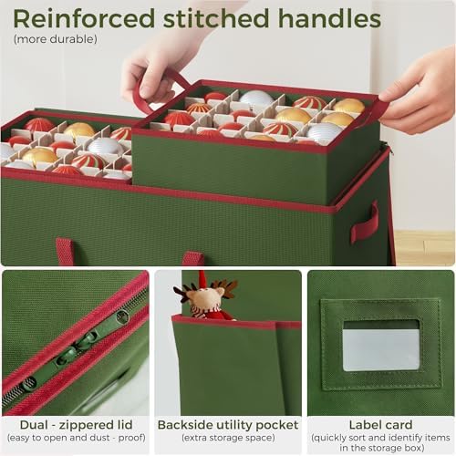 160-3” Large Christmas Ornament Storage Box, Dual Zippers, Stackable Christmas Storage Container with Lid, 6 Trays, 600D Oxford, Green - Image 6