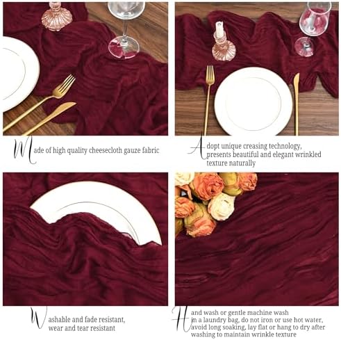 12 Pack Burgundy Table Runner 10Ft Cheesecloth Table Runner Rustic Gauze Table Runner Romantic Long Sheer Fabric Cheese Cloth Table Runners for Wedding Party Bridal Baby Shower - Image 3