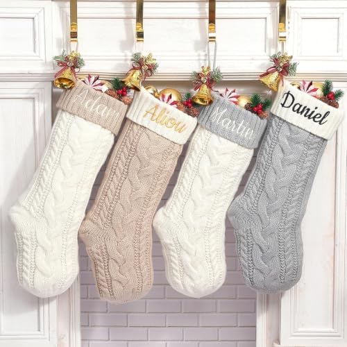 Personalized Christmas Stockings,Custom Embroidered Name & Monogram Knit Stockings for Kids,Family,Cream Silver Cable Knit 18" Christmas Stocking for Fireplace Holiday Decor Gifts(8 Pack) by Infiher