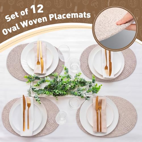 Set of 12 Oval Woven Placemats 16x12 Inch Cotton Rope Plate Chargers Farmhouse Boho Brown Placemats, Washable Non Slip Heat Resistant Table Mats for Kitchen Dining Room Outdoor Patio Decor - Image 5