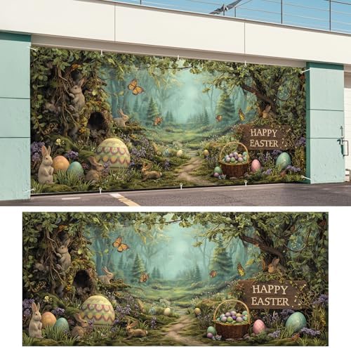 Happy Easter Woodland Scene Garage Door Banner 7x16FT, Bunny & Colorful Easter Eggs Garage Door Cover, Outdoor Spring Decor for Yard, Garage & Front Door - Image 6