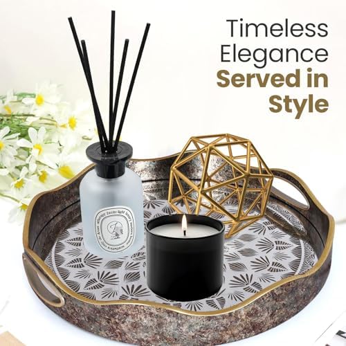 HOME ARCHIVE Round Serving Tray with with Handles Antique Look & Stylish Design Decorative Trays for Kitchen Round Ottoman Tray for Dinning Living Room & Home Decor Pack of 2 (Black-Gold) - Image 3