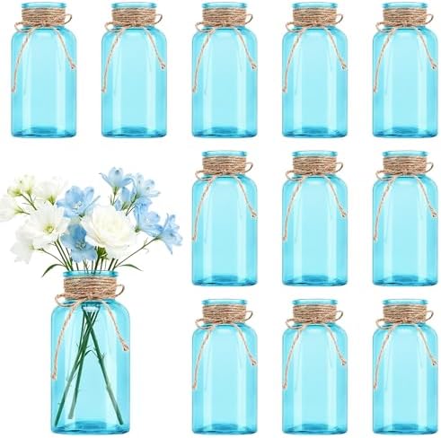 12Pack Mason Jar Vases for Centerpieces, Aqua Blue Glass Flower Vase by LEYIQU