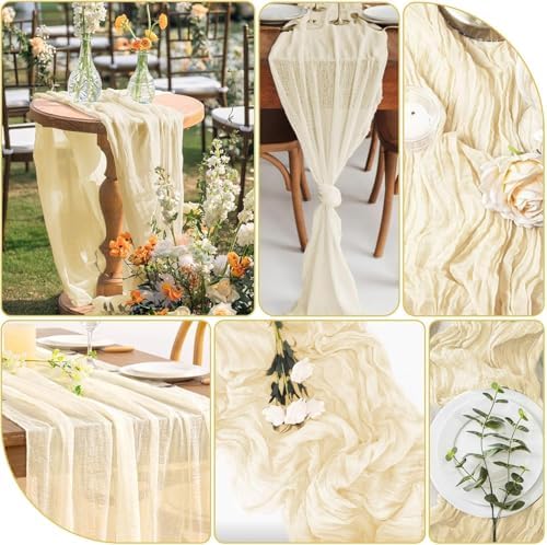 10 Pack Ivory Cheesecloth Table Runner 17"x108" Boho Gauze Fabric Table Runner Vintage Rustic Sheer Runners for Wedding Party Bridal Baby Shower Table Decorations - Image 3