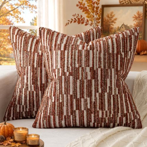 Boho Striped Decorative Throw Pillow Covers 24"X24" Set of 2，Burgundy by amoment