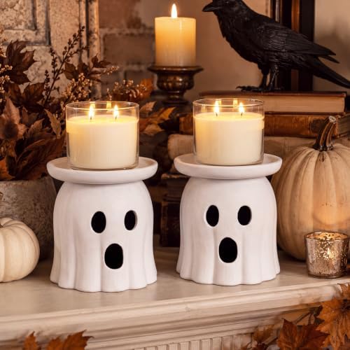 Tioncy 2 Pcs Halloween Terracotta Ghost Candle Holder Table Decor White - Image 3