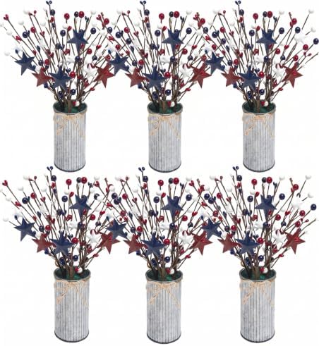 Uieke 4th of July Decorations 6PCS Artificial Patriotic Floral Picks with Vase, Artificial Berry Stem Picks Star Shaped for Independence Day Red White Blue Decor for Home Office Wedding Centerpieces by Uieke