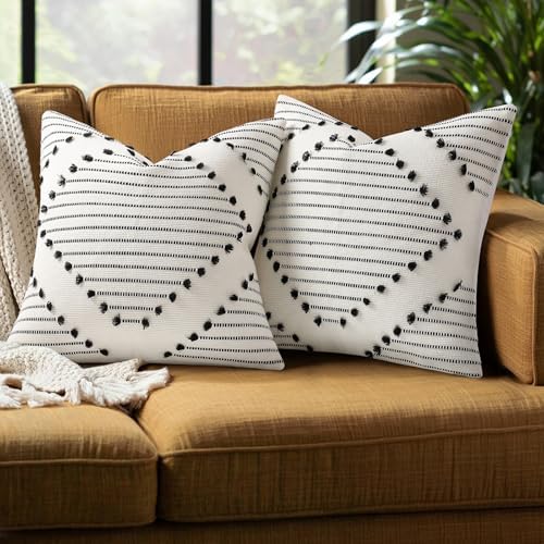 Mecatny Boho Outdoor Throw Pillow Covers 16x16 Set of 2 Black & Cream White by Mecatny