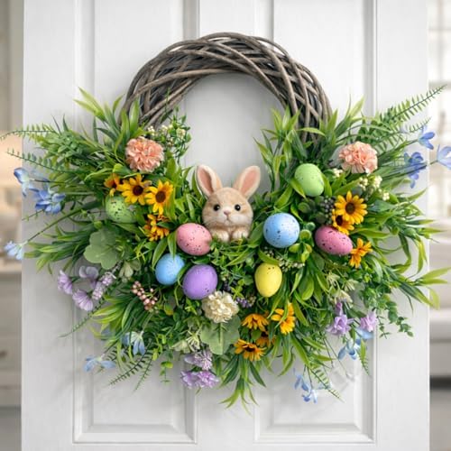 Easter Spring Wreath for Front Door, 24 Inch Handmade Floral with Pastel Eggs, Greenery and Sunflowers, Farmhouse Wall Decoration - Image 5