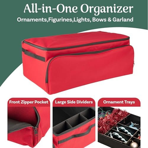 Christmas Ornament Storage Box - Christmas Ornament Organizer Storage Box with 3 Trays, Adjustable Grids, and Large Front Zipper Pocket - Fits up to 72 Bulbs and Decorations by Elf Stor (Red) - Image 5