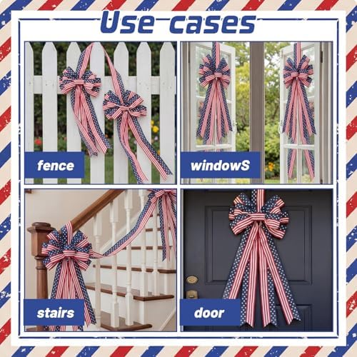 Sosation 4th of July Double-Sided Bow Door Decoration American Flag Patriotic Double-Sided Bows with Red White Blue Hanging Decor for 250th USA 4th of July Independence Day Memorial Day Decoration - Image 6