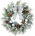 Sggvecsy 20 Inch Artificial Christmas Wreath for Front Door with Pine Needles White Berries Pine Cones Silver Bow Christmas Ball Decorations for Winter Wall Outdoor Home Holiday Xmas Decor by Sggvecsy