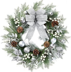 Sggvecsy 20 Inch Artificial Christmas Wreath for Front Door with Pine Needles White Berries Pine Cones Silver Bow Christmas Ball Decorations for Winter Wall Outdoor Home Holiday Xmas Decor by Sggvecsy