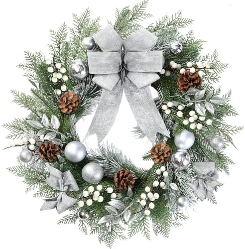 Sggvecsy 20 Inch Artificial Christmas Wreath for Front Door with Pine Needles White Berries Pine Cones Silver Bow Christmas Ball Decorations for Winter Wall Outdoor Home Holiday Xmas Decor by Sggvecsy