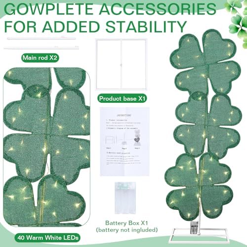 VIHOSE St Patricks Day Shamrock Shape Lights Yard Signs 41 Inch H Pre-lit Lighted Decor with 50 Warm White Lights Irish Day Four Leaf Clover Decoration for Indoor Outdoor Porch Garden Lawn - Image 3