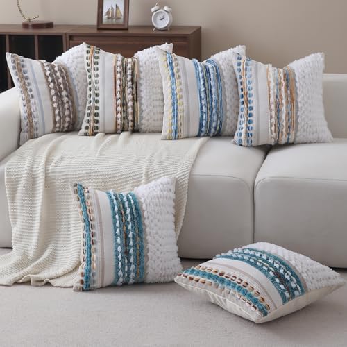 Boho Throw pillow covers 18x18 set of 2 farmhouse decorative Couch pillow covers neutral Accent throw pillows covers striped outdoor cushion covers square textured chenille pillow cases for sofa bed - Image 6