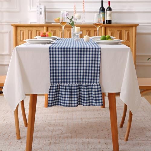 Navy Blue White Plaid Gingham Ruffle Table Runner Cabinet Cover 13"x108" by KMASANIJI
