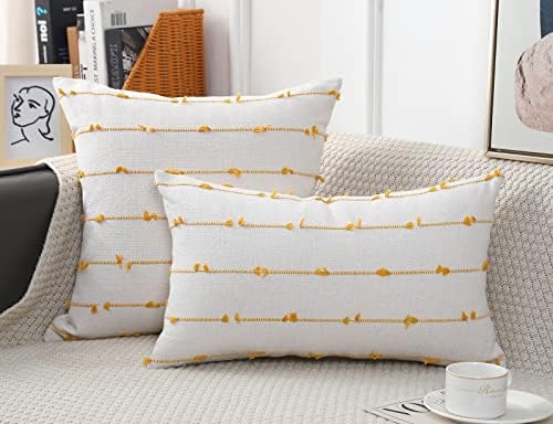 NUYECY Set of 2 Boho Throw Pillow Covers 28x28,Beige Yellow Neutral Couch Pillow Case with Tassel Fringe Decorative，Modern Accent Farmhouse Cushion Covers for Sofa Couch Bed Living Room - Image 2
