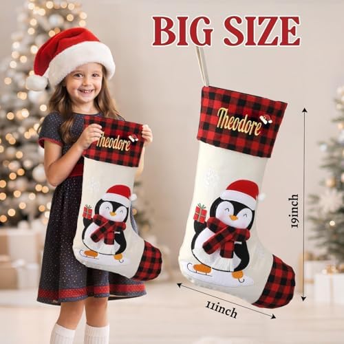 Personalized Christmas Stockings with Embroidered Name & Monogram,Custom 3D Xmas Character Stocking 4 Pack 18” Large,Santa,Snowman & Reindeer Fireplace Hanging Red Burlap Plaid Stockings(D) - Image 3