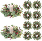 8 PCS Christmas Candle Rings Mini Wreath Pine Garland Artificial Eucalyptus and Snowy Cedar Candle Rings Holder with Red Berries Pine Cones for Table Centerpiece Home Door Window Chair Wall by Unknown