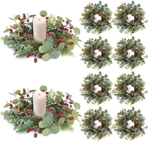 8 PCS Christmas Candle Rings Mini Wreath Pine Garland Artificial Eucalyptus and Snowy Cedar Candle Rings Holder with Red Berries Pine Cones for Table Centerpiece Home Door Window Chair Wall by Unknown