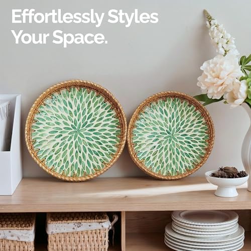 JUNGLE CULTURE Round Rattan Tray with Mother of Pearl Inlay • Everglade 14" - Image 3